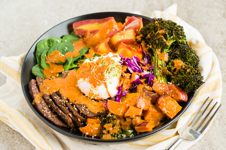 Buddha Bowl With Flank Steak and Cashew Sauce