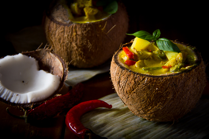 Thai Yellow Curry Served In Coconut Bowls Recipe